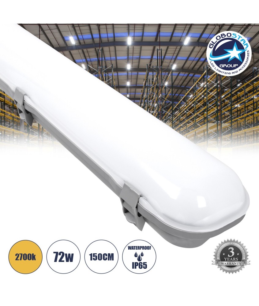 GloboStar® 60178 LED Γραμμικό Βιομηχανικό Φωτιστικό Tri-Proof 150cm 72W 8162lm 120° AC 220-240V Αδιάβροχο IP65 Μ150 x Π10,5 x Υ8cm Θερμό Λευκό 2700K - 3 Χρόνια Εγγύηση